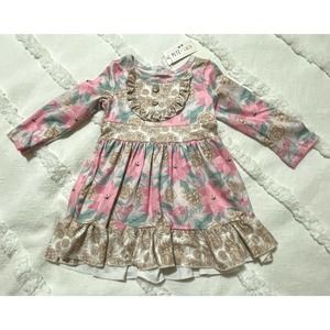 Pete & Lucy Baby Dress 12-18 Mo Flower & Ruffles LS Knee Length Pink Brown